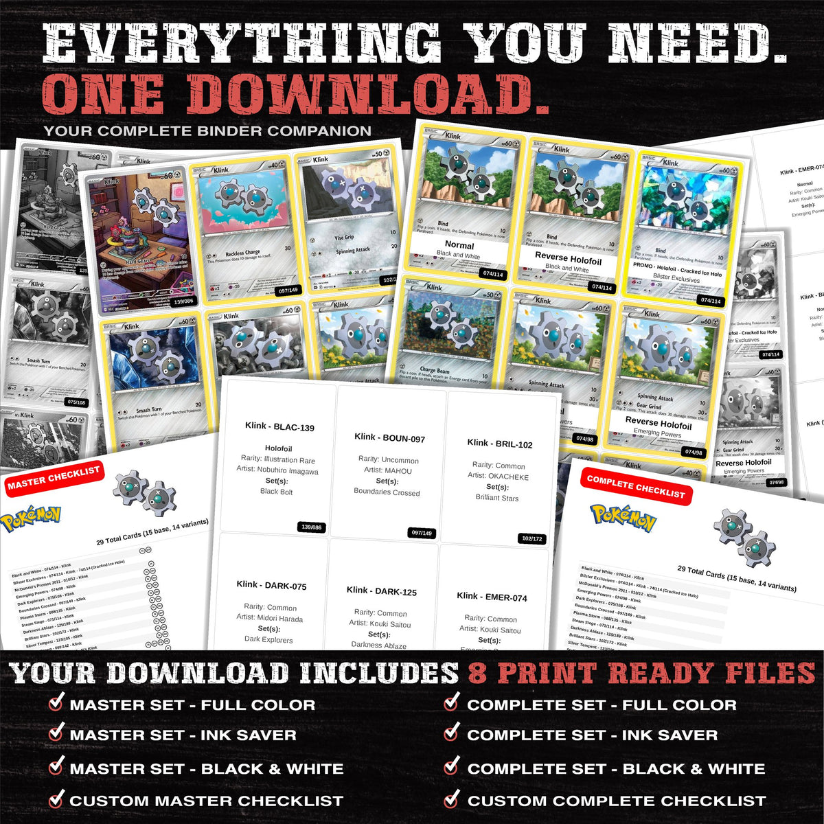 Everything included in the Klink master set download - 8 PDF files