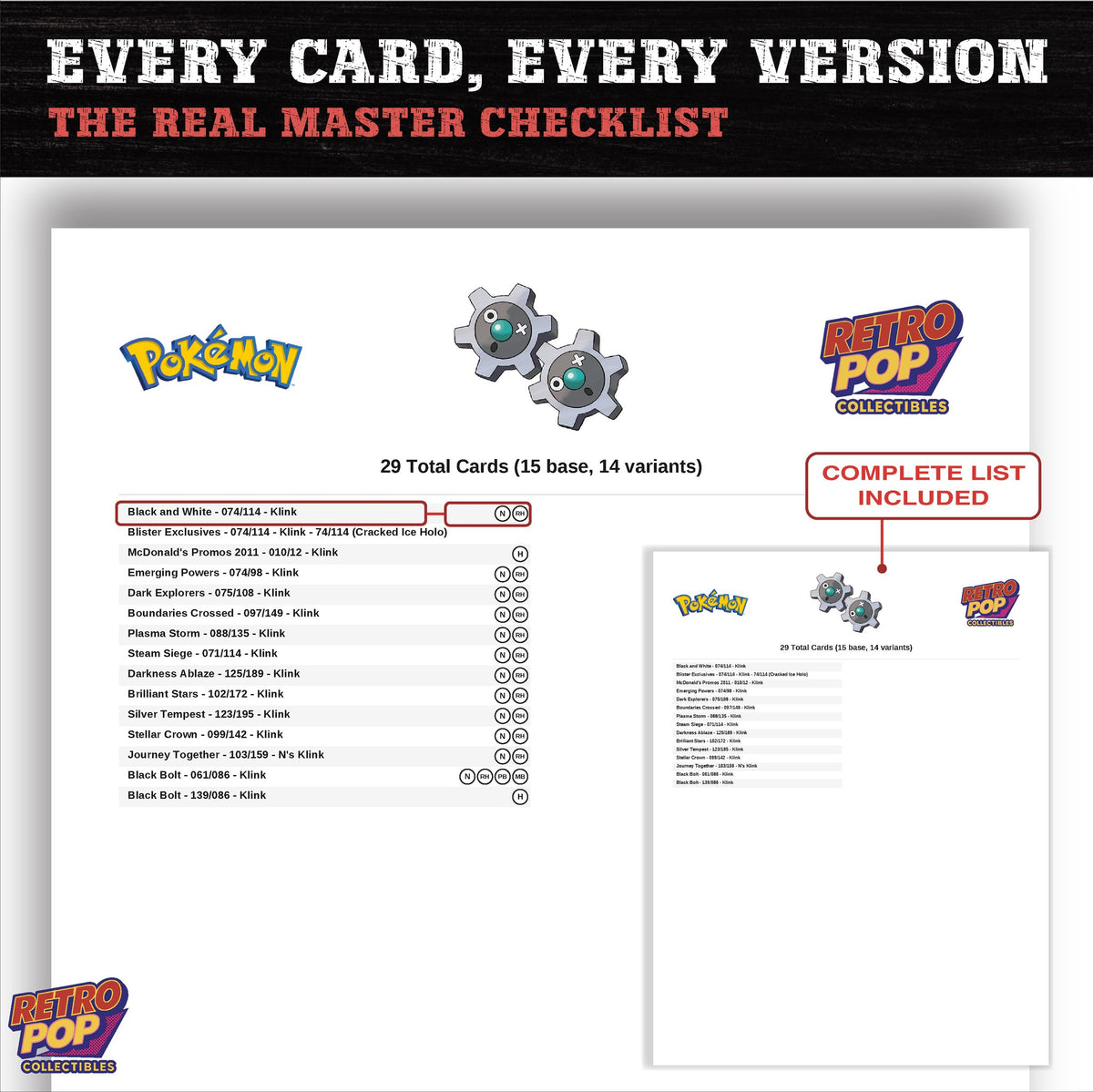 Klink master set checklist PDF preview - every card listed