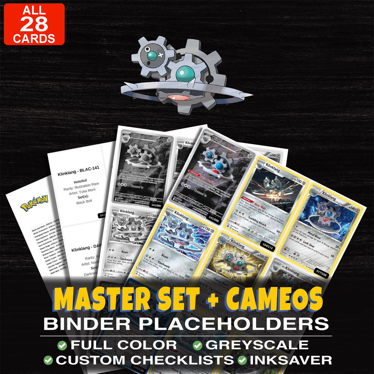 Every Klinklang Pokemon card ever made - master set binder placeholders with Klinklang