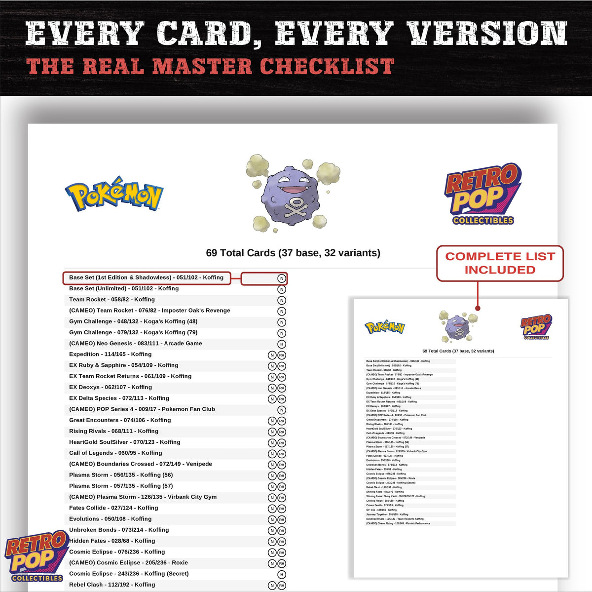 Koffing master set checklist PDF preview - every card listed