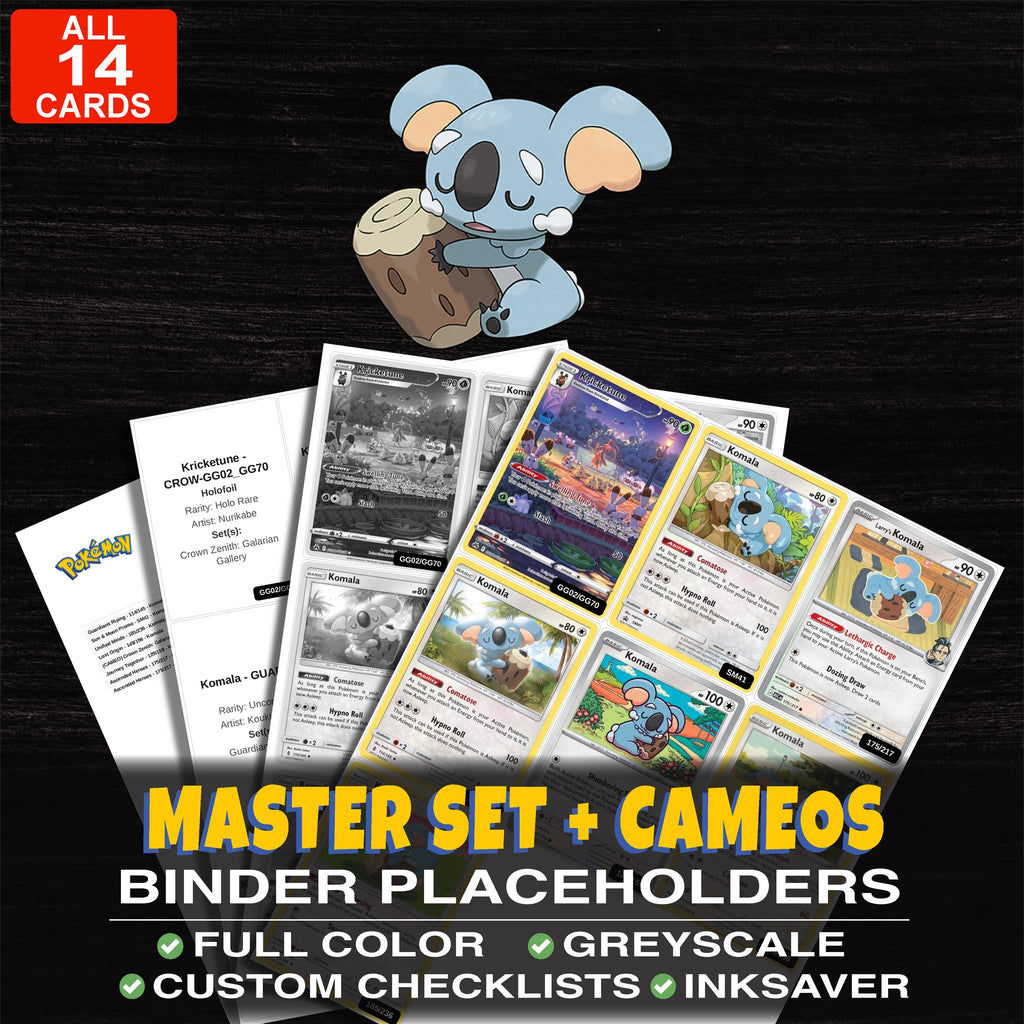 Every Komala Pokemon card ever made - master set binder placeholders with Komala
