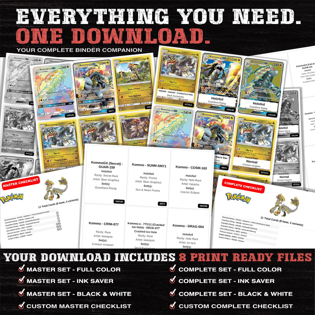 Everything included in the Kommo-o master set download - 8 PDF files