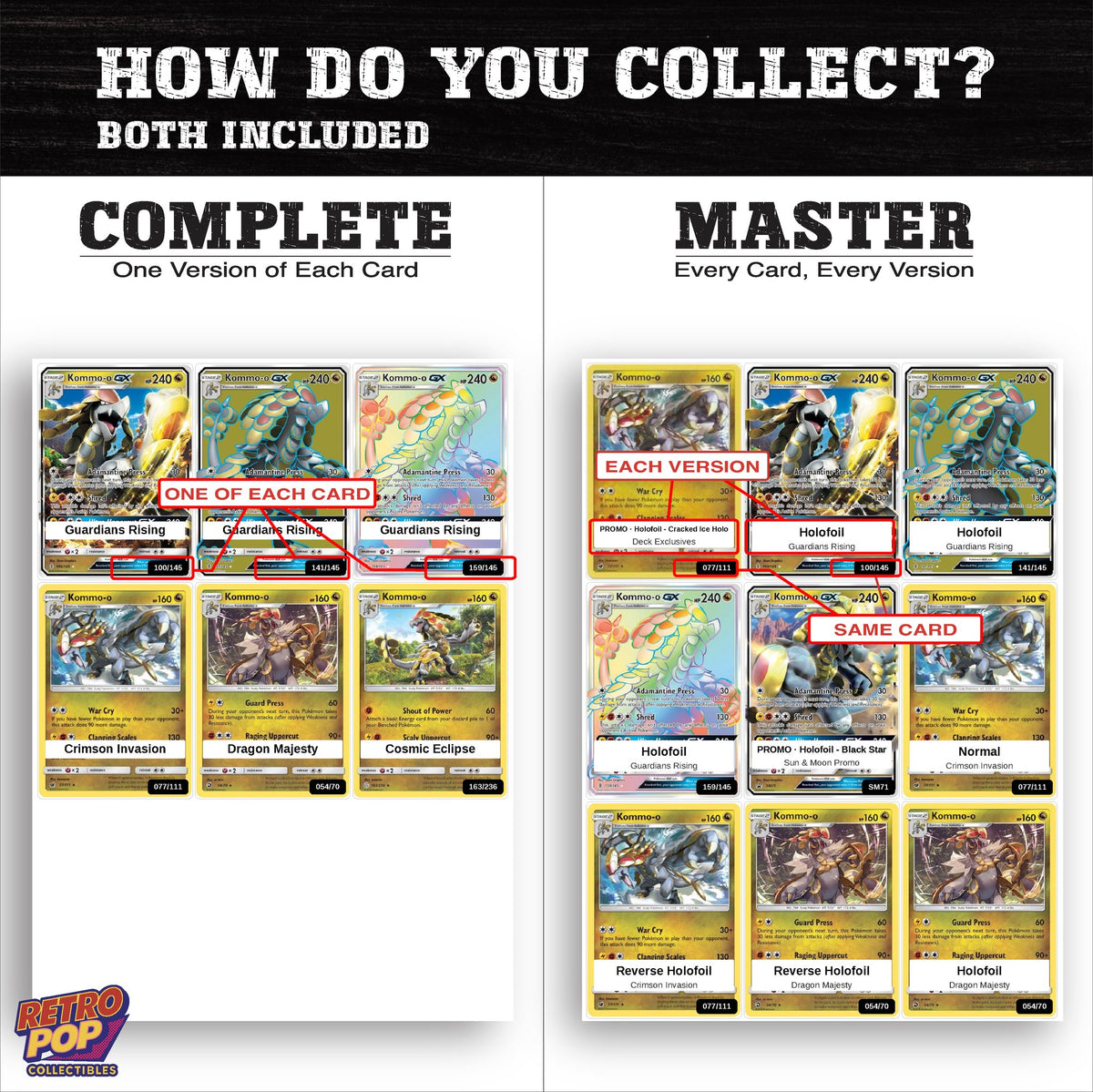 Complete Set vs Master Set versions of the Kommo-o binder placeholders