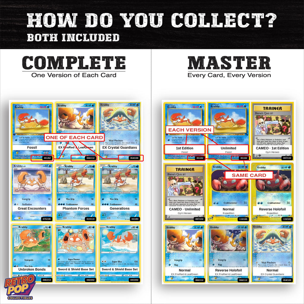 Complete Set vs Master Set versions of the Krabby binder placeholders