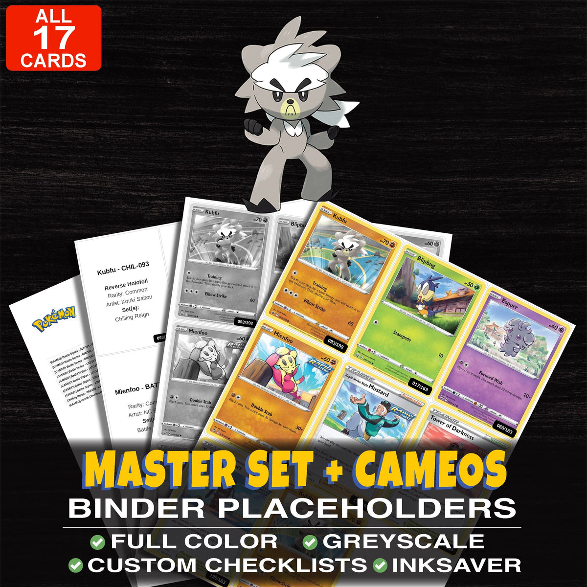 Every Kubfu Pokemon card ever made - master set binder placeholders with Kubfu