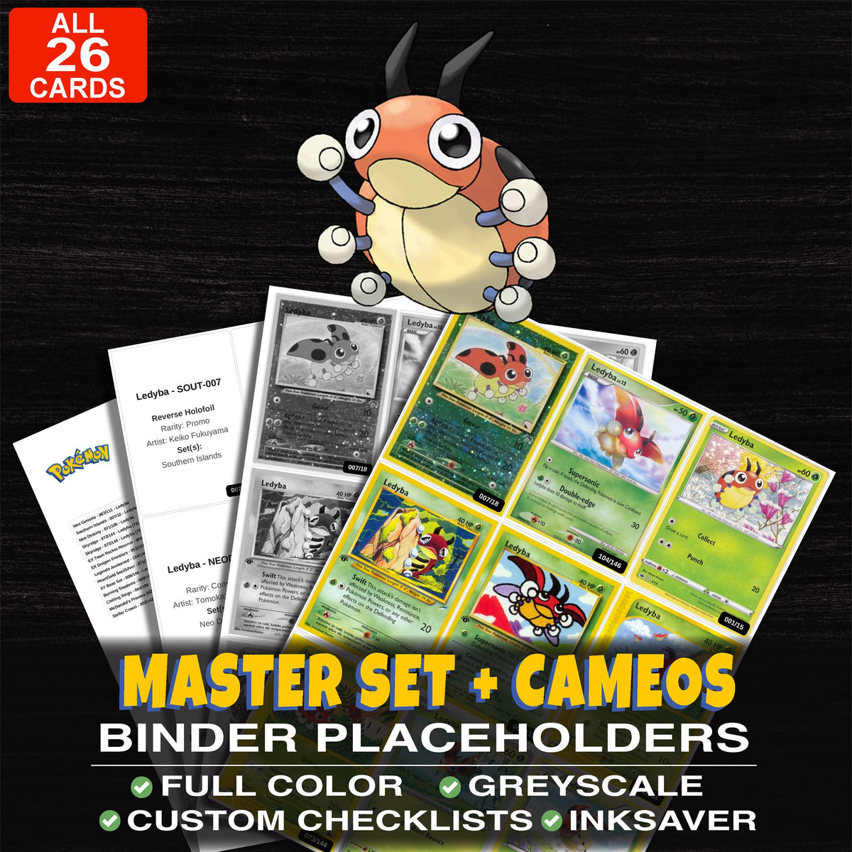 Every Ledyba Pokemon card ever made - master set binder placeholders with Ledyba