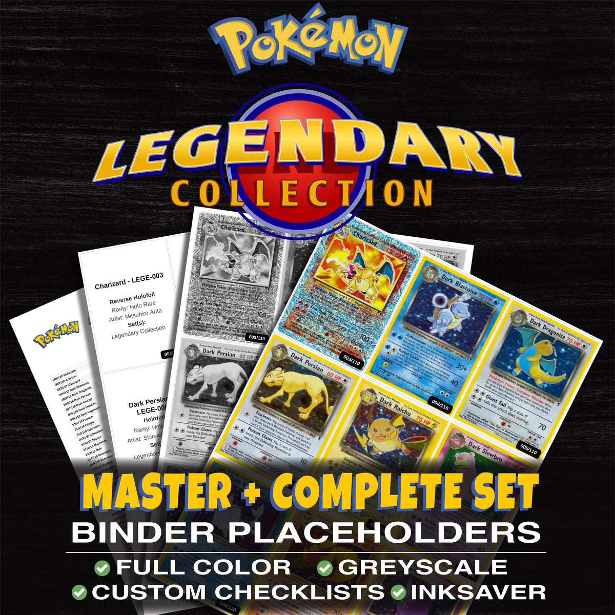 Legendary Collection Pokemon binder placeholders printable PDF - includes Charizard