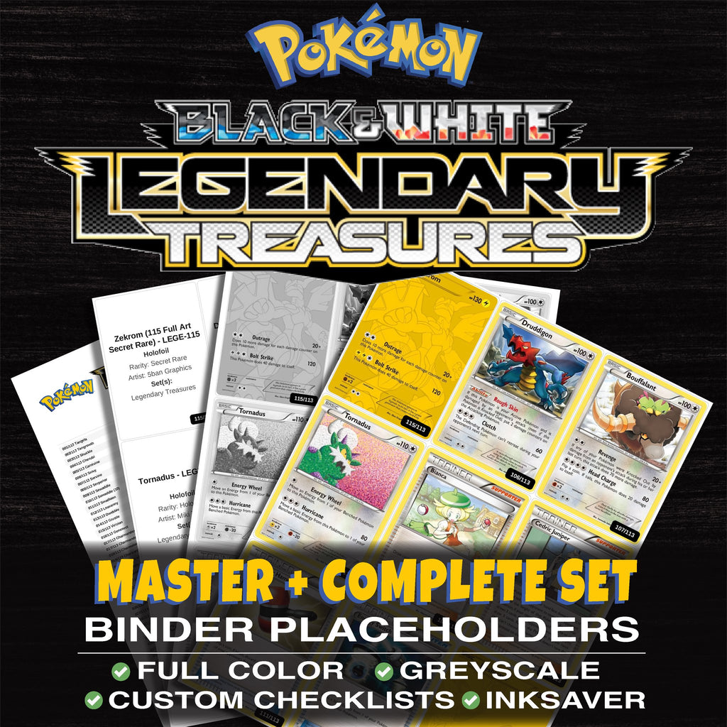 Legendary Treasures Pokemon binder placeholders printable PDF - includes Zekrom (115 Full Art Secret Rare)