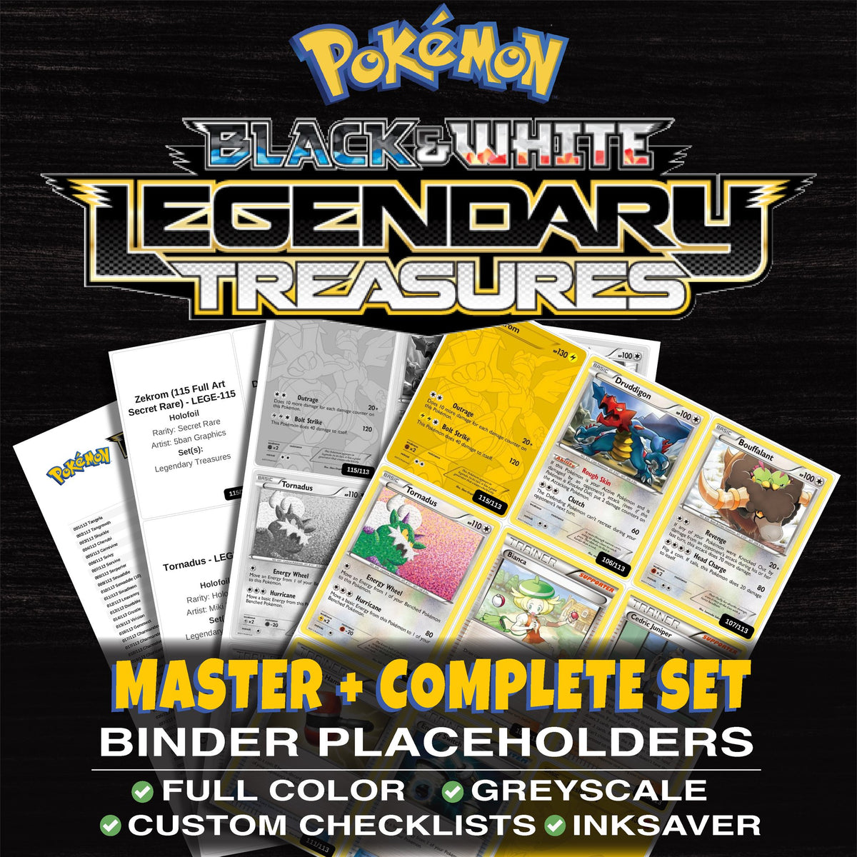 Legendary Treasures Pokemon binder placeholders printable PDF - includes Zekrom (115 Full Art Secret Rare)