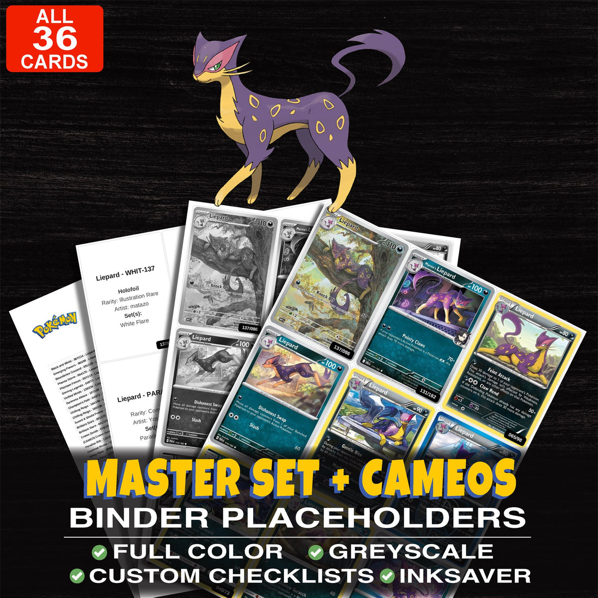 Every Liepard Pokemon card ever made - master set binder placeholders with Liepard