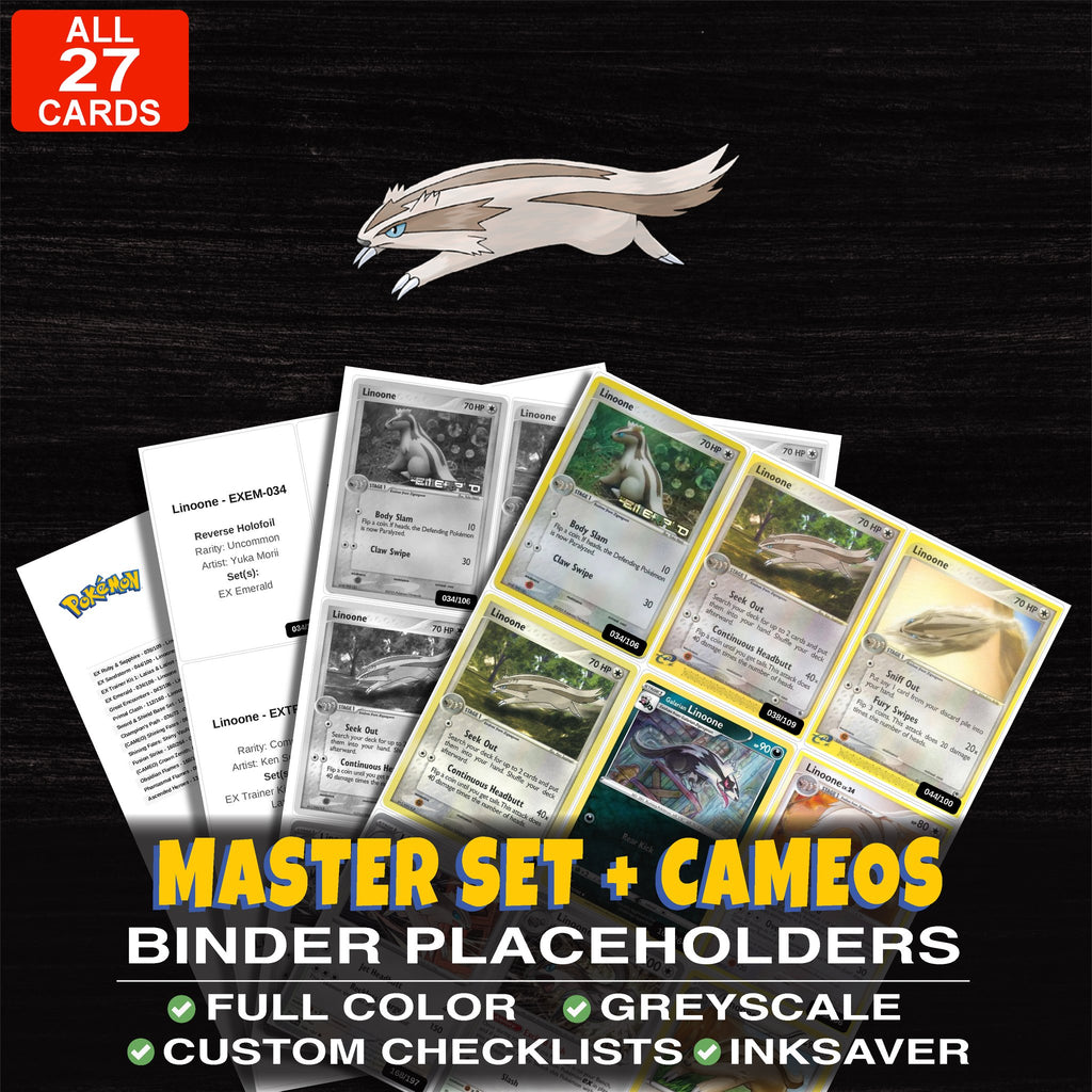 Every Linoone Pokemon card ever made - master set binder placeholders with Linoone