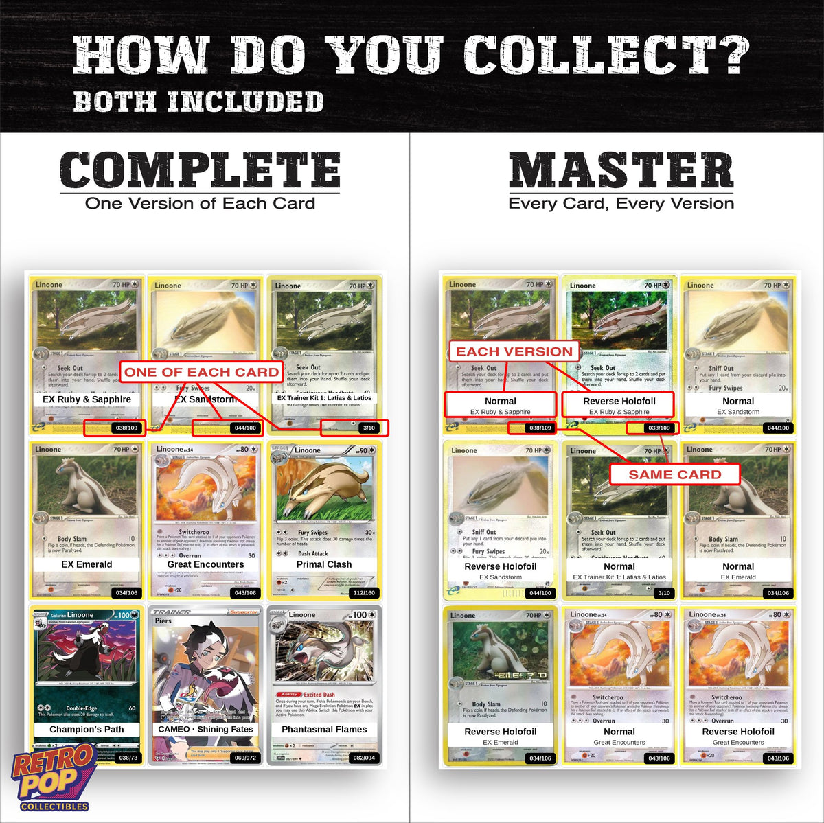 Complete Set vs Master Set versions of the Linoone binder placeholders