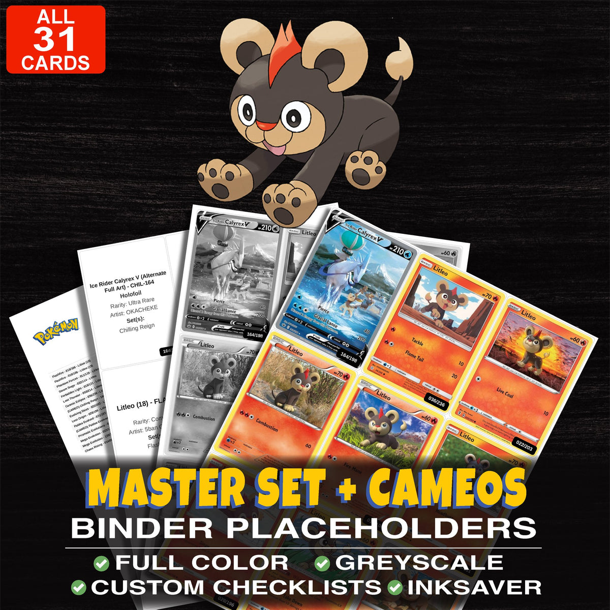 Every Litleo Pokemon card ever made - master set binder placeholders with Litleo