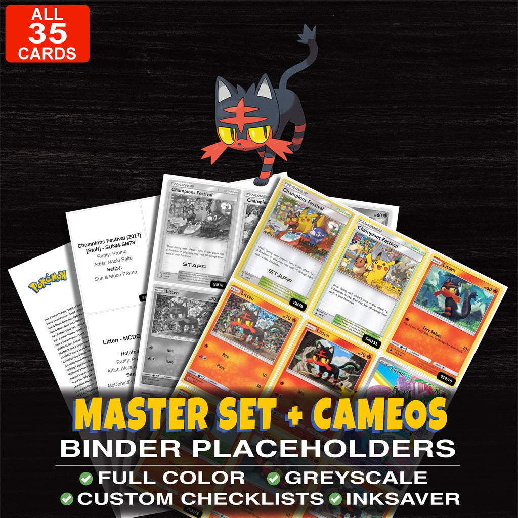 Every Litten Pokemon card ever made - master set binder placeholders with Litten