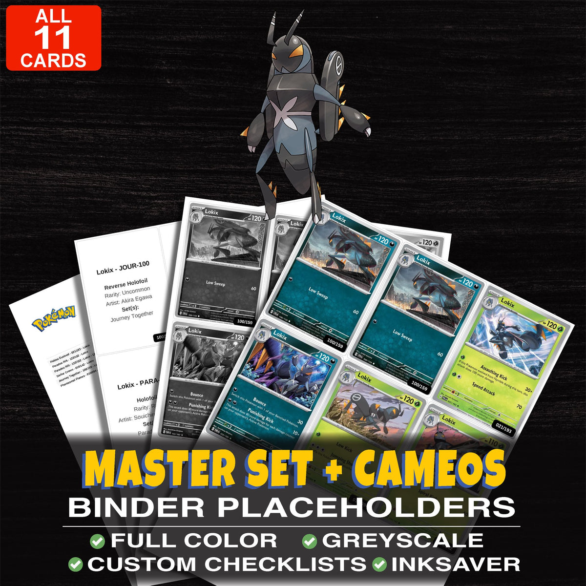 Every Lokix Pokemon card ever made - master set binder placeholders with Lokix