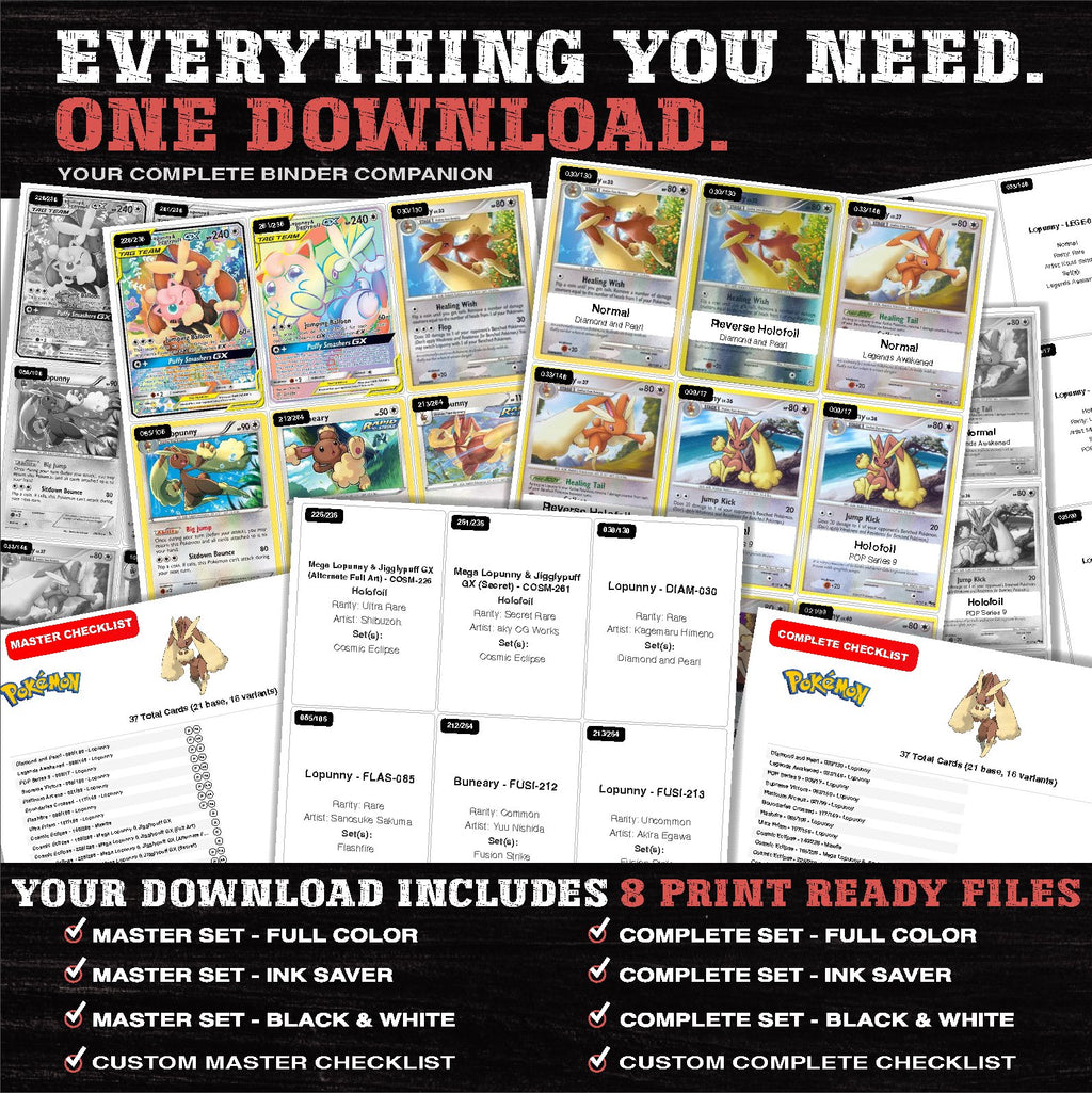 Everything included in the Lopunny master set download - 8 PDF files
