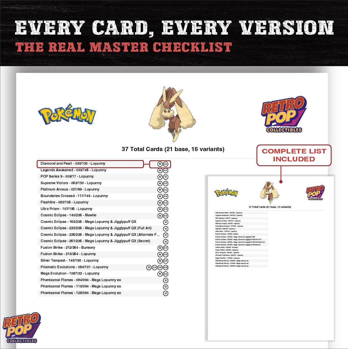 Lopunny master set checklist PDF preview - every card listed