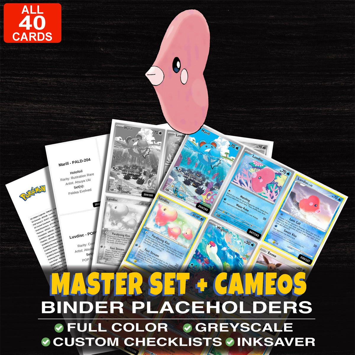 Every Luvdisc Pokemon card ever made - master set binder placeholders with Luvdisc