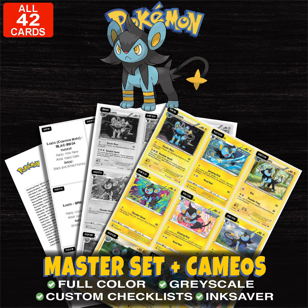 Every Luxio Pokemon card ever made - master set binder placeholders with Luxio (Cosmos Holo)