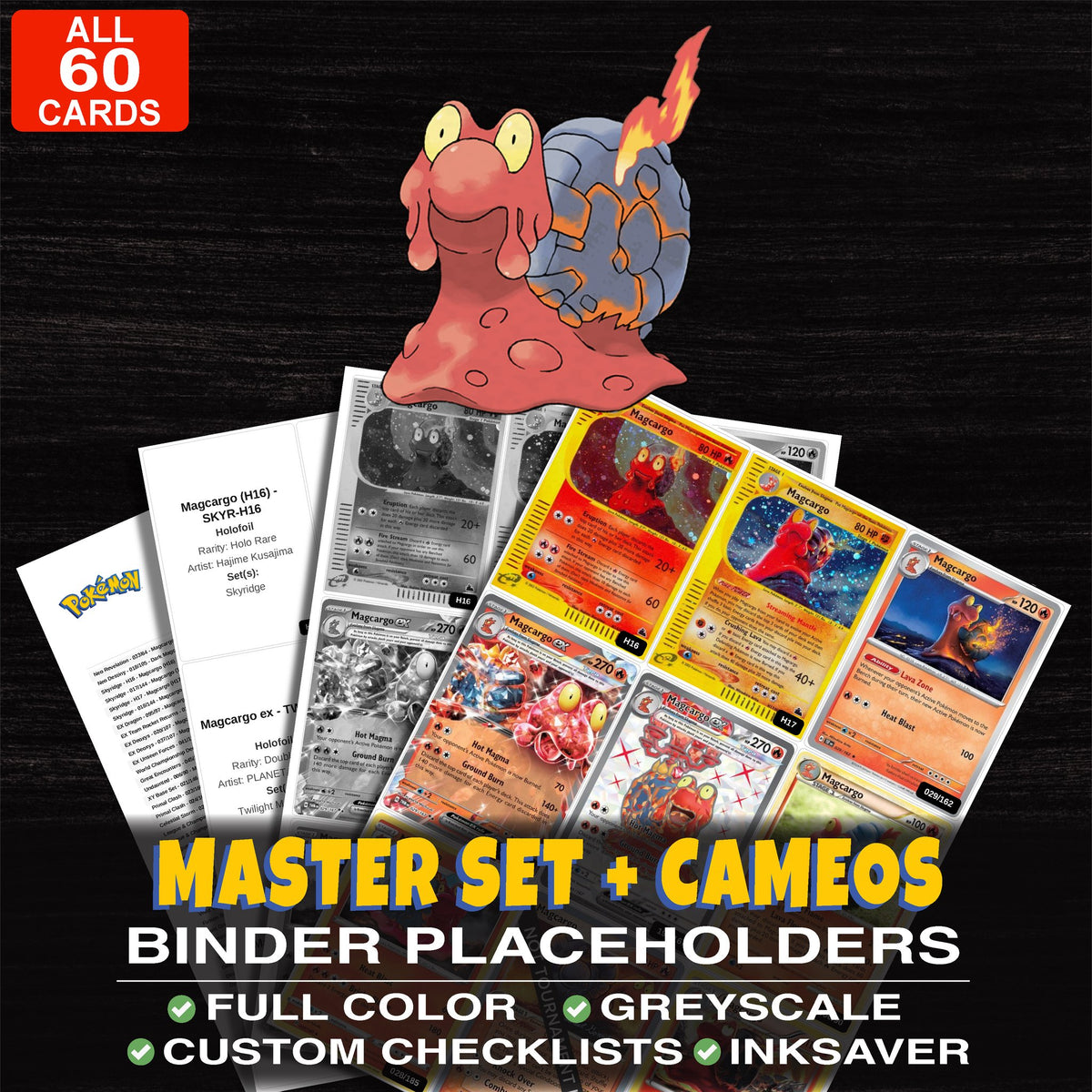 Every Magcargo Pokemon card ever made - master set binder placeholders with Magcargo (H16)