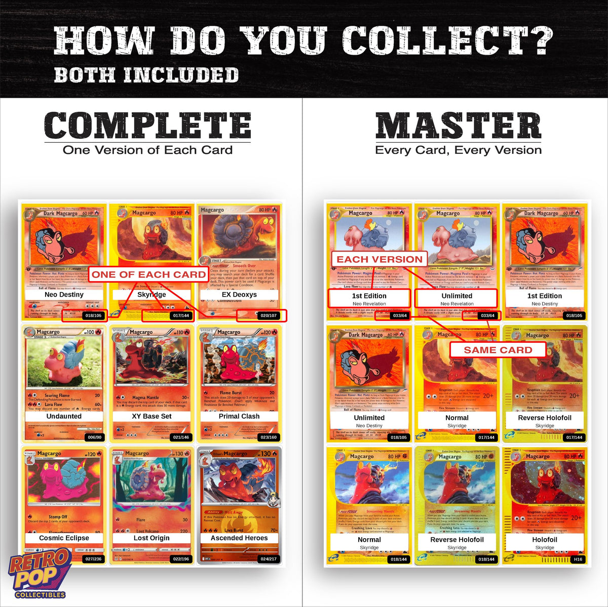 Complete Set vs Master Set versions of the Magcargo binder placeholders