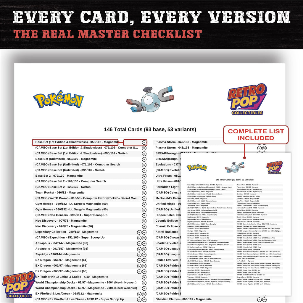 Magnemite master set checklist PDF preview - every card listed