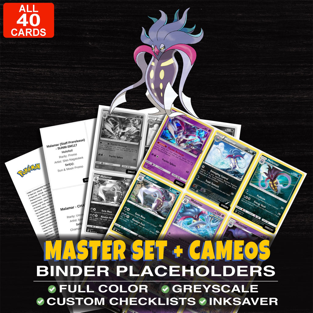 Every Malamar Pokemon card ever made - master set binder placeholders with Malamar EX (115 Full Art)