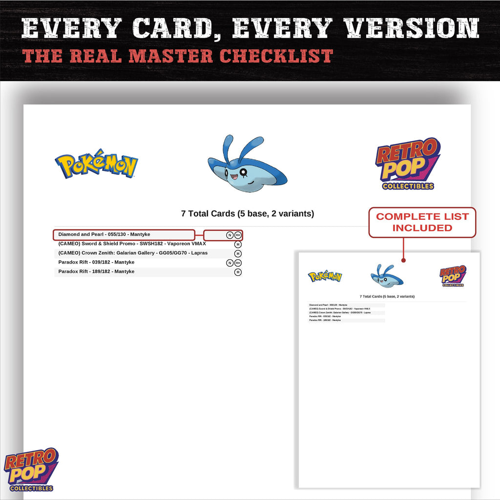 Mantyke master set checklist PDF preview - every card listed