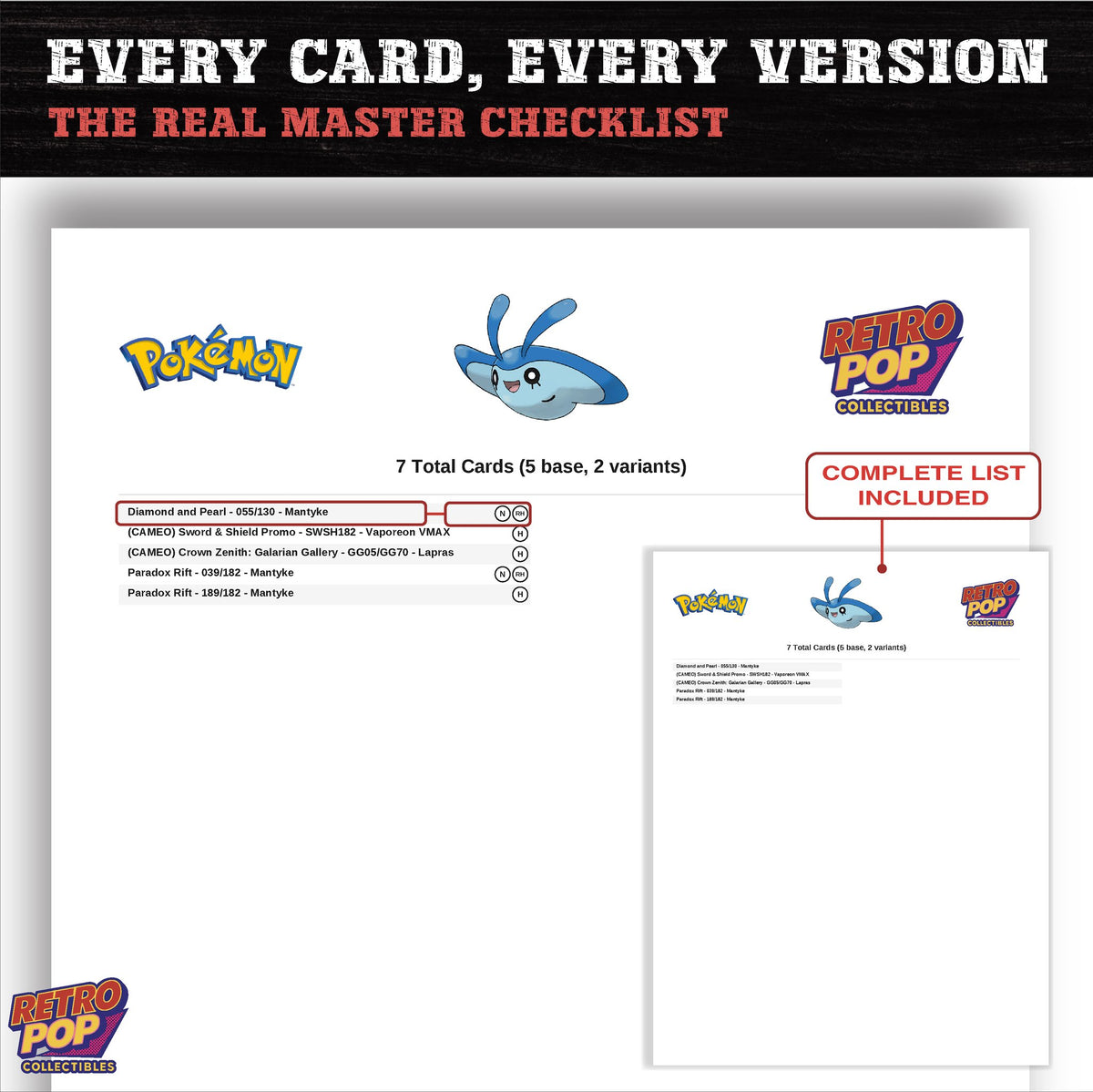 Mantyke master set checklist PDF preview - every card listed