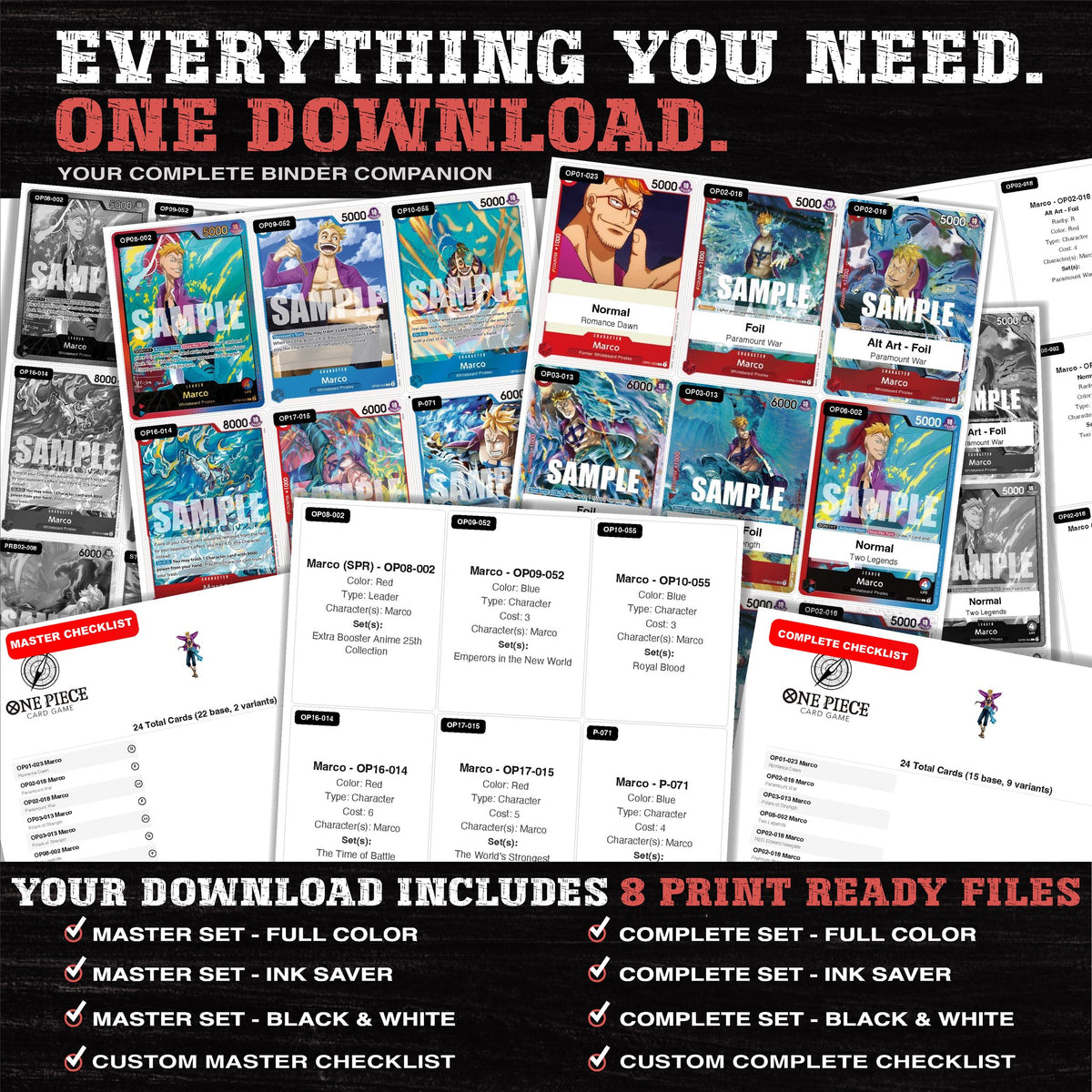 Everything included in the Marco One Piece placeholder download - 8 PDF files