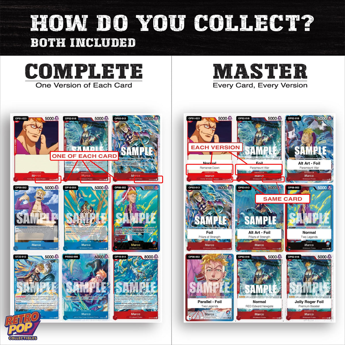 Complete Set vs Master Set versions of Marco One Piece binder placeholders