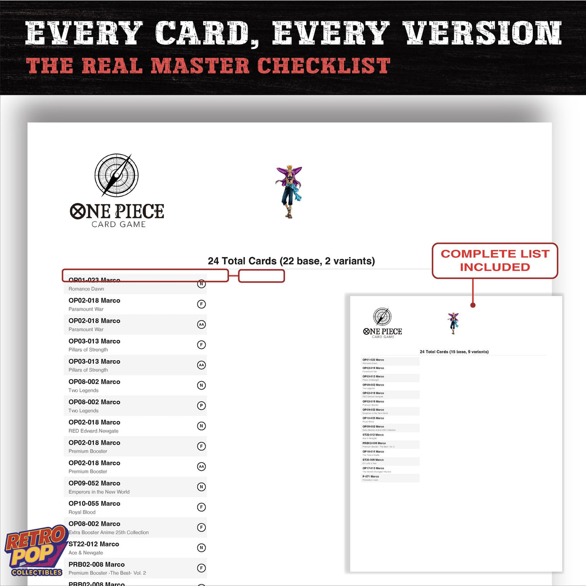 Marco One Piece card checklist PDF preview