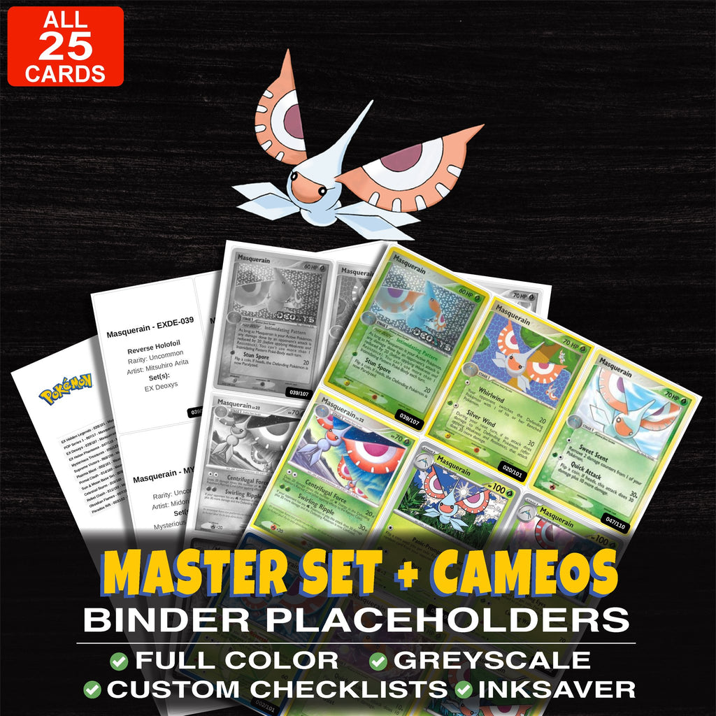 Every Masquerain Pokemon card ever made - master set binder placeholders with Masquerain