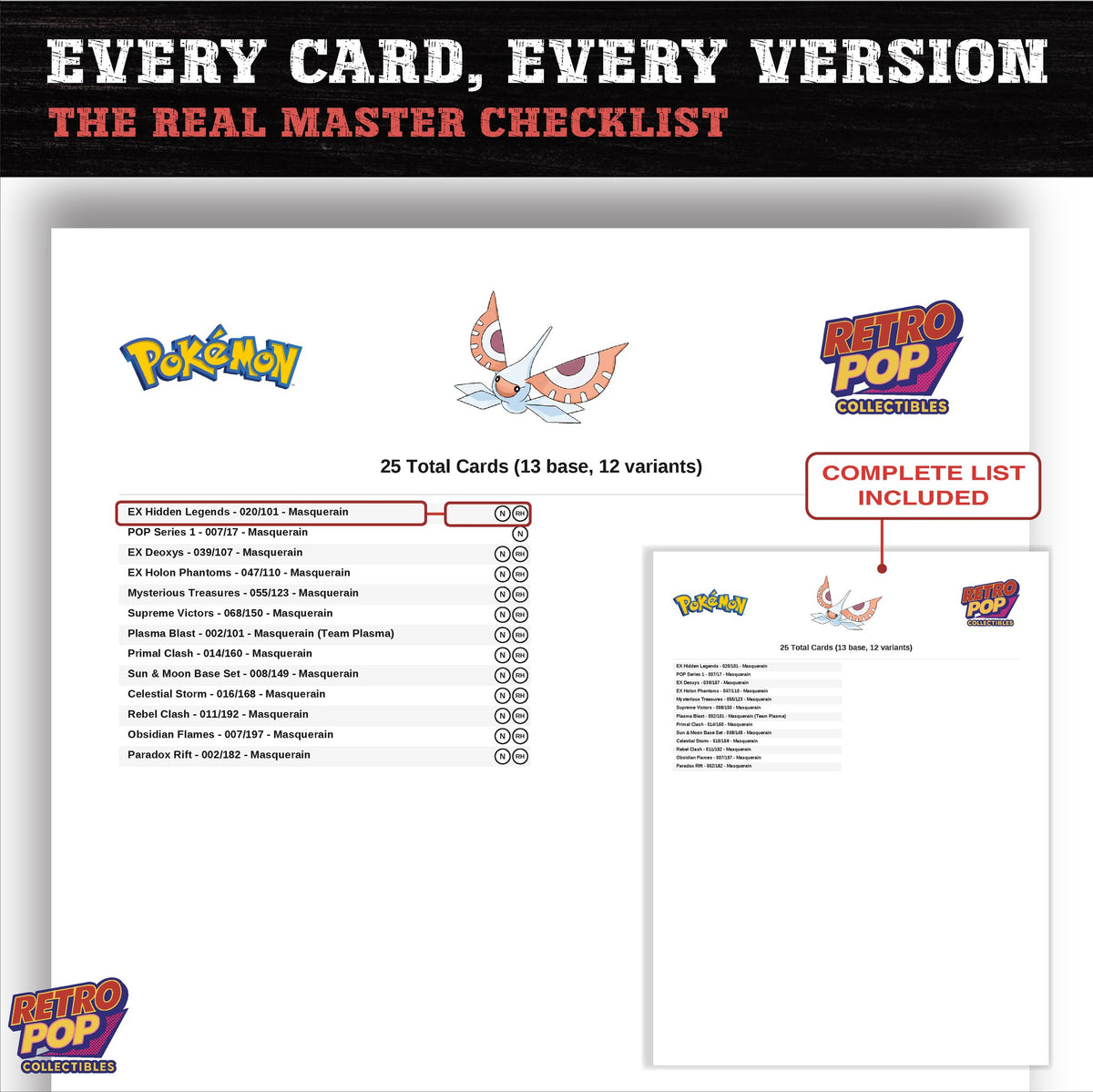 Masquerain master set checklist PDF preview - every card listed
