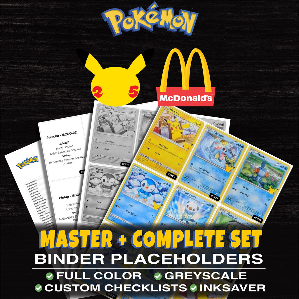 McDonald's 25th Anniversary Promos Pokemon binder placeholders printable PDF - includes Bulbasaur
