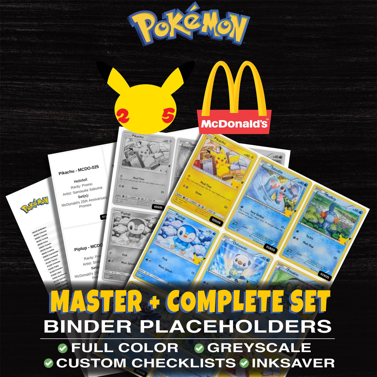 McDonald's 25th Anniversary Promos Pokemon binder placeholders printable PDF - includes Bulbasaur