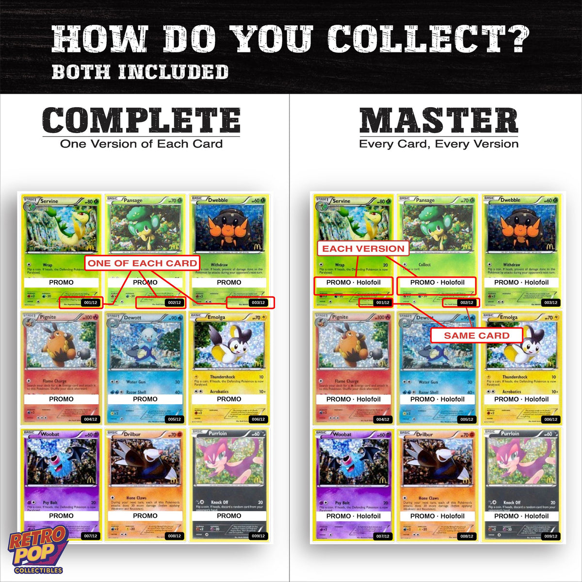 Complete Set vs Master Set versions of McDonald's Promos 2012 binder placeholders