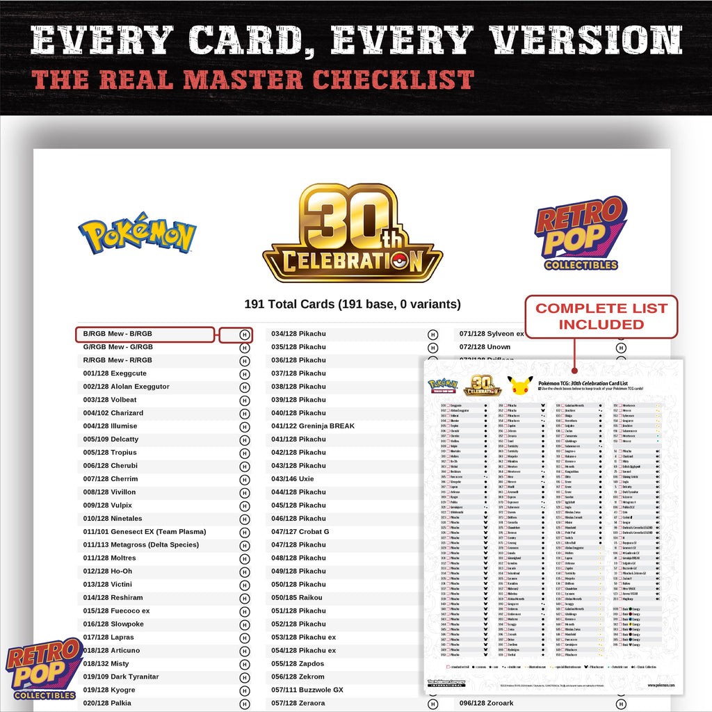 30th Celebration Pokemon card checklist PDF preview
