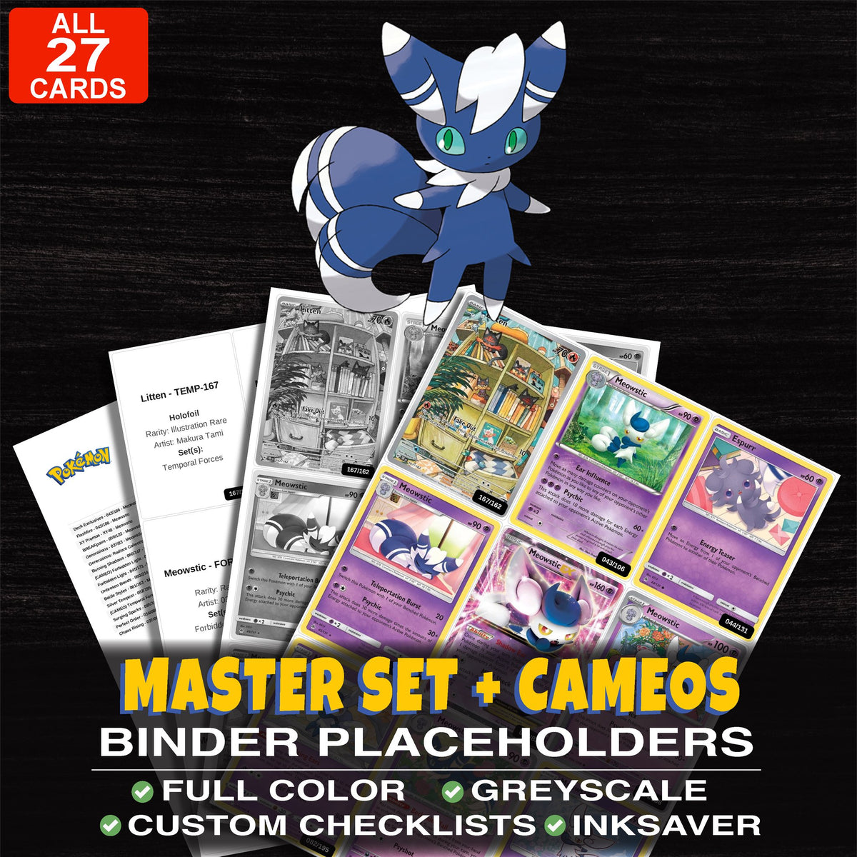 Every Meowstic Pokemon card ever made - master set binder placeholders with Meowstic