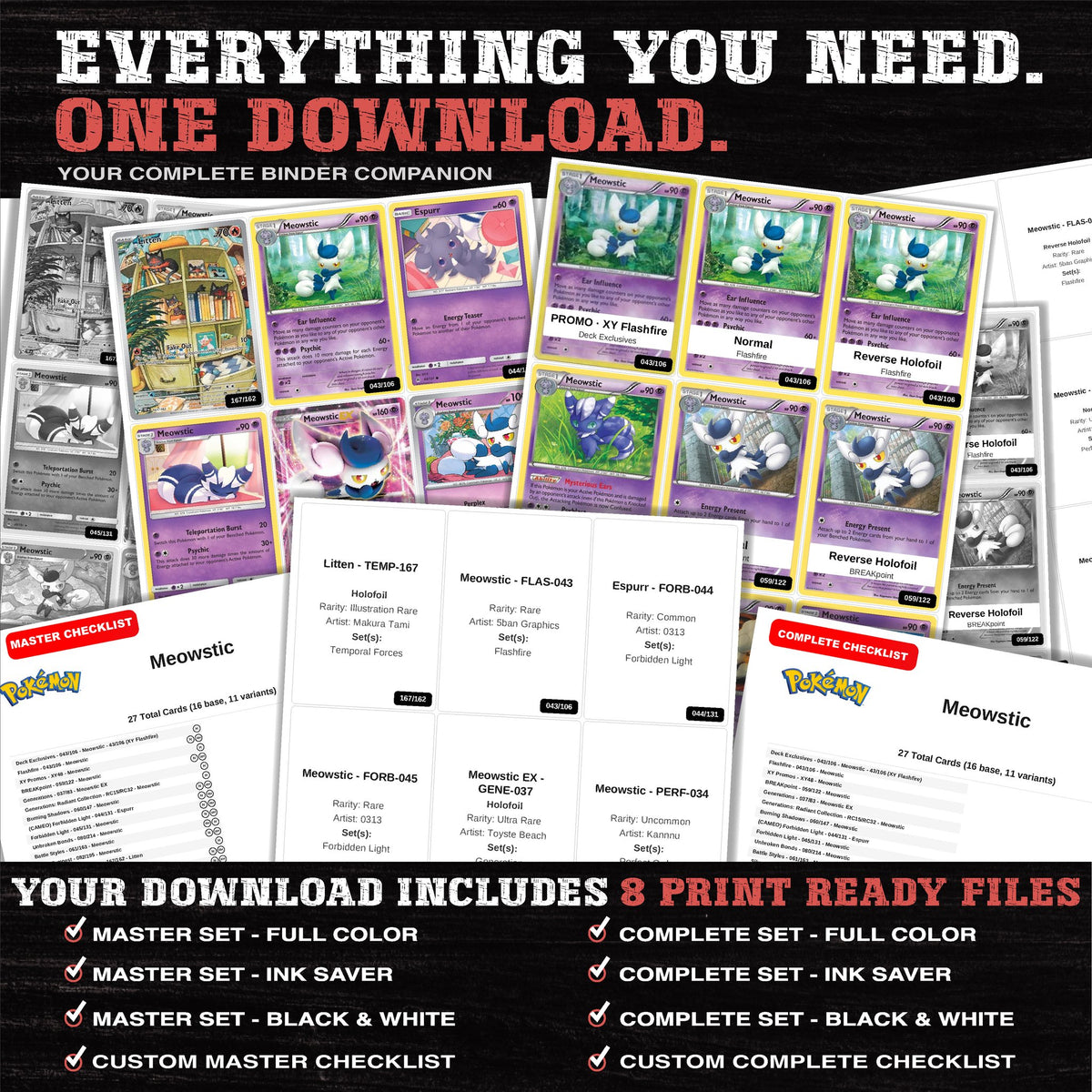 Everything included in the Meowstic master set download - 8 PDF files