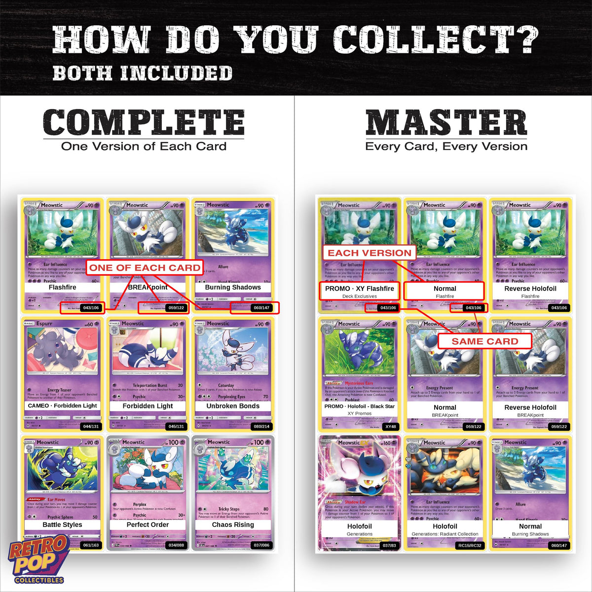 Complete Set vs Master Set versions of the Meowstic binder placeholders