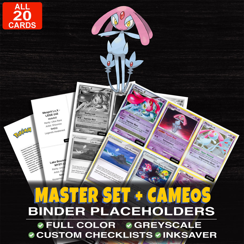 Every Mesprit Pokemon card ever made - master set binder placeholders with Mesprit Lv.X
