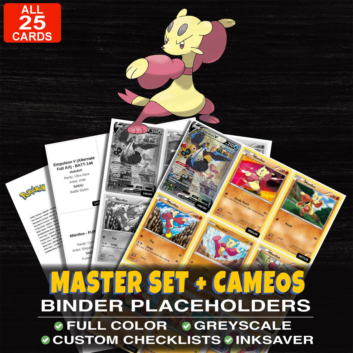Every Mienfoo Pokemon card ever made - master set binder placeholders with Mienfoo