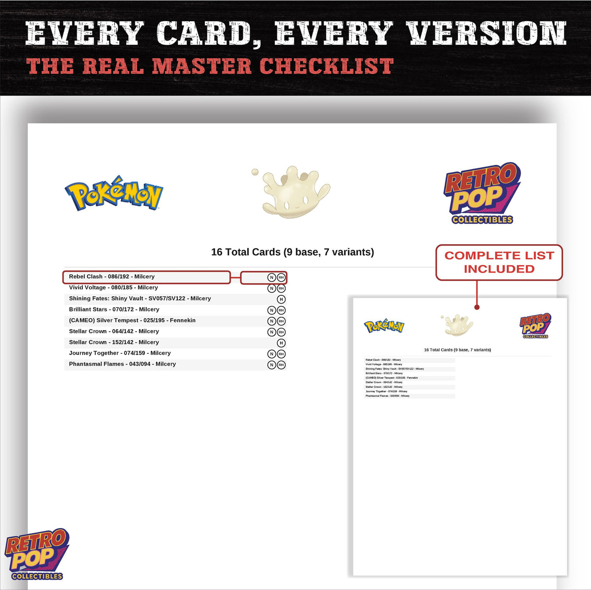Milcery master set checklist PDF preview - every card listed