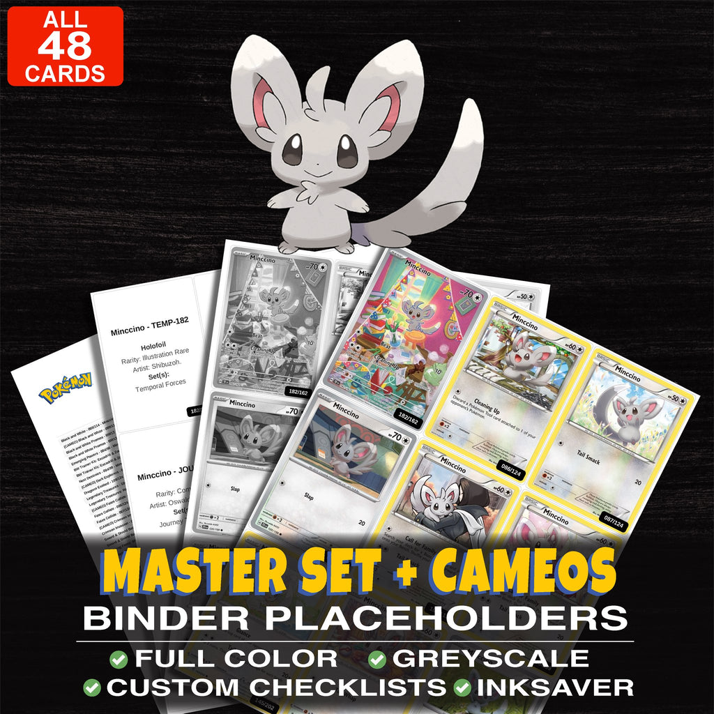 Every Minccino Pokemon card ever made - master set binder placeholders with Minccino