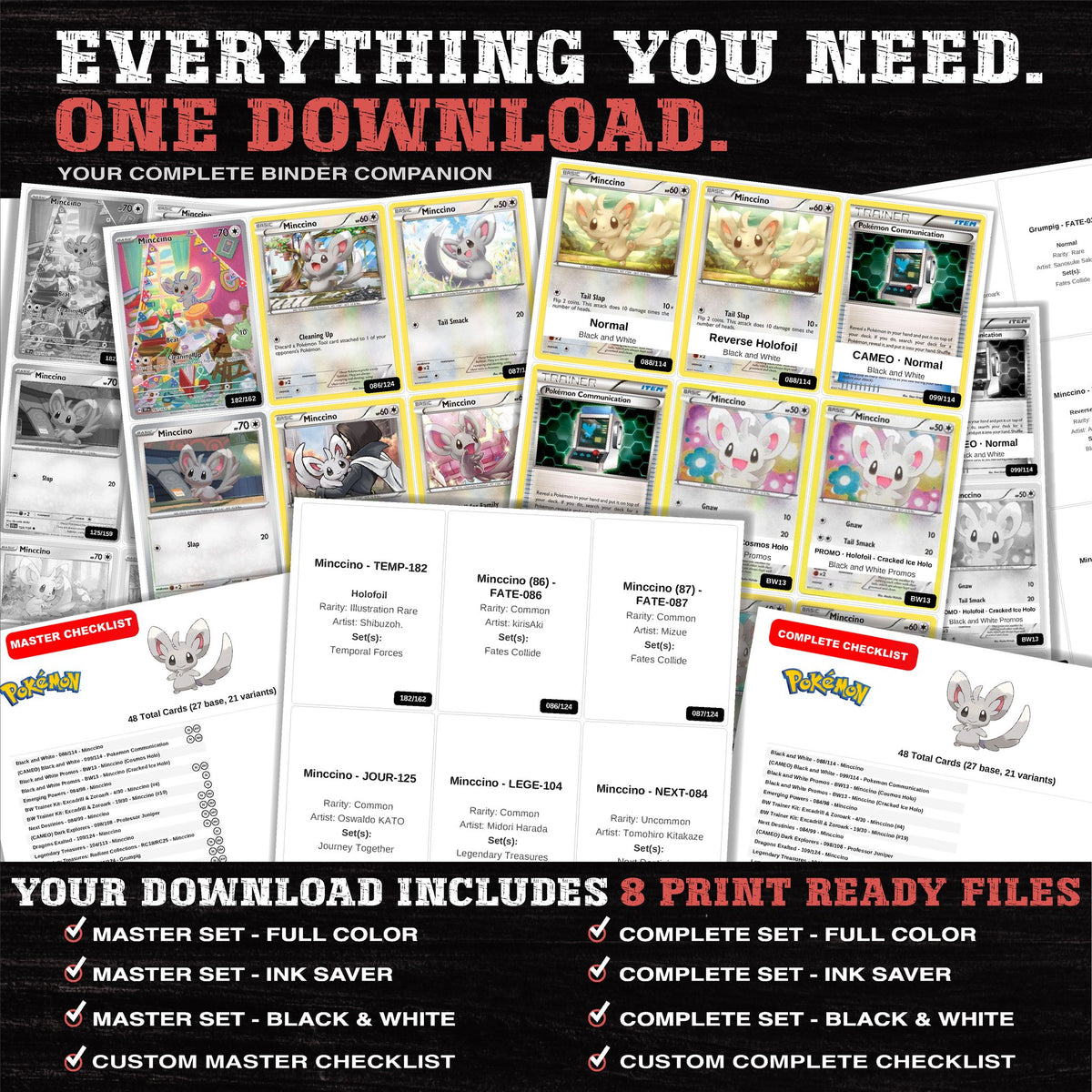 Everything included in the Minccino master set download - 8 PDF files
