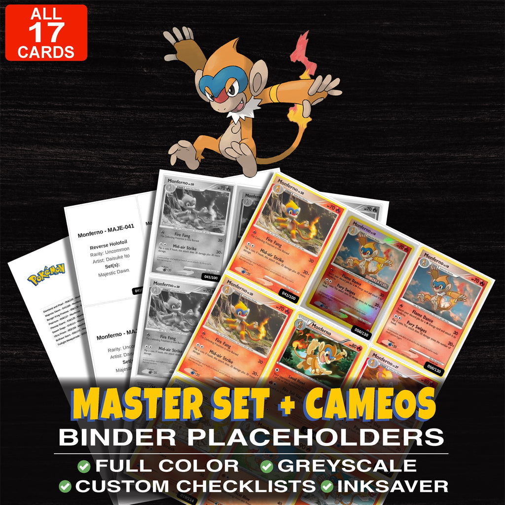 Every Monferno Pokemon card ever made - master set binder placeholders with Monferno