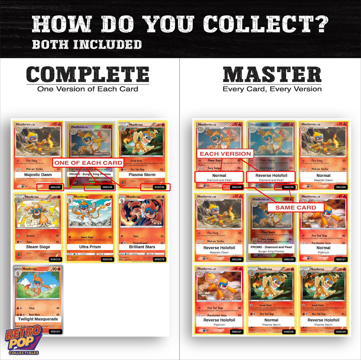 Complete Set vs Master Set versions of the Monferno binder placeholders