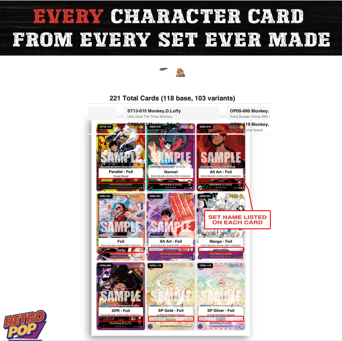 Monkey D. Luffy One Piece TCG character master set - every English Monkey D. Luffy card