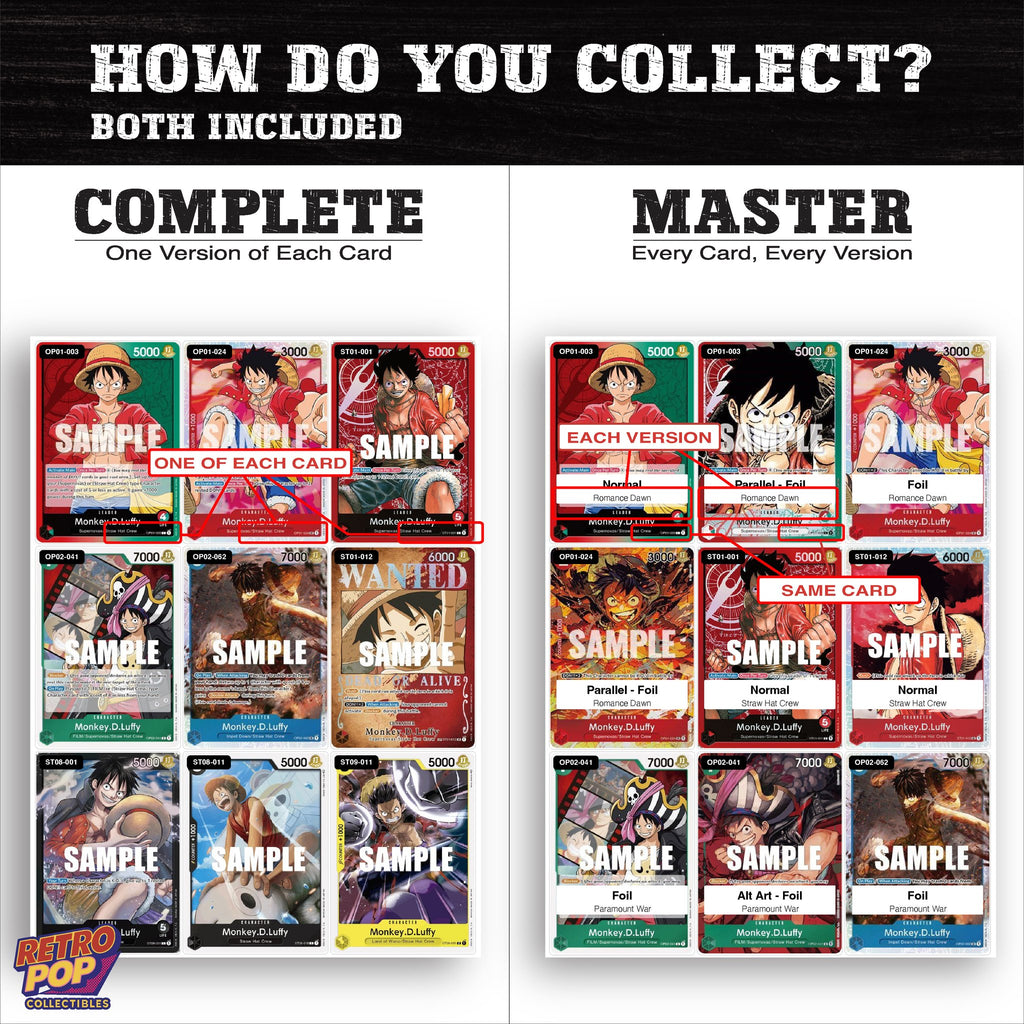 Complete Set vs Master Set versions of Monkey D. Luffy One Piece binder placeholders
